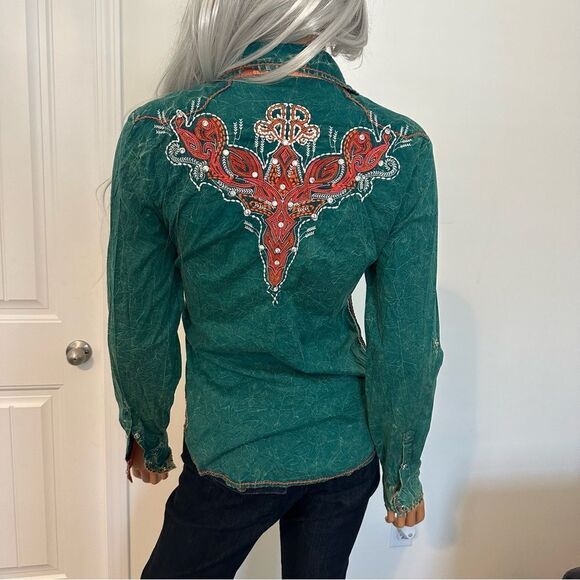 ROAR Western Embroidered Rhinestone Pearl Snap Shirt Roll Tab Sleeves Sz Medium - Picture 6 of 11
